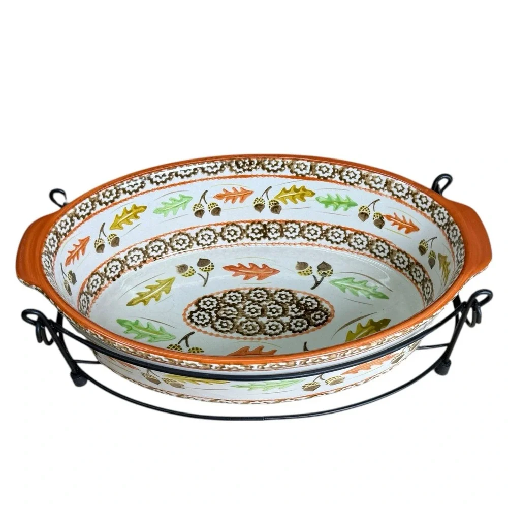 Temptations Old World Orange Acorn & Leaves 2.5qt W/ Handled Metal Carrying Rack